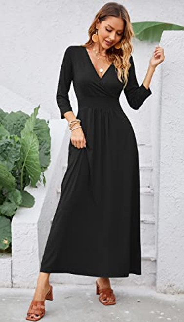 WNEEDU Womens 3/11 Sleeve Loose Casual Long Maxi Dresses with Pockets Y Black