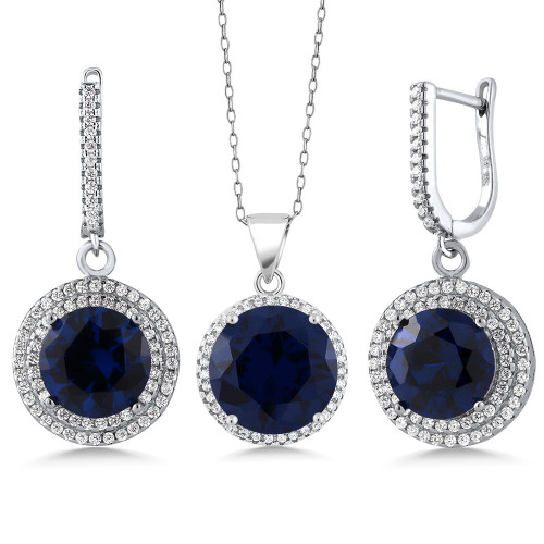 Gem Stone King Sterling Silver Round Blue Sapphire Earrings|Pendant Set For Women  (18.50 Cttw, with 18 Inch Chain)