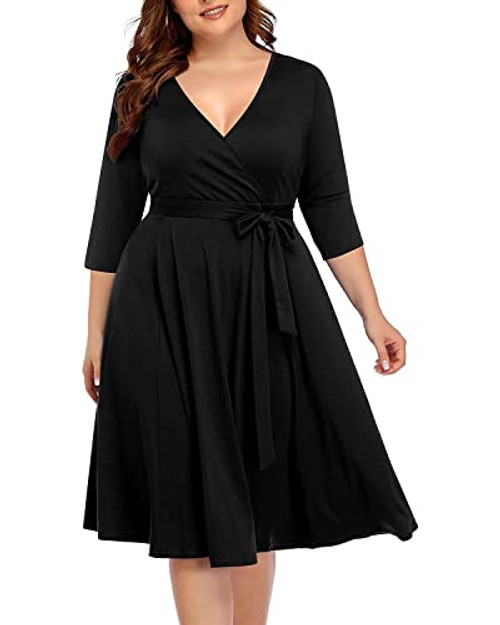 Pinup Fashion Plus Size Black Dress Wrap Spring Long Sleeve Wedding Guest Semi-Formal Fit&Flare Casual Party Fall Aline Midi Dress