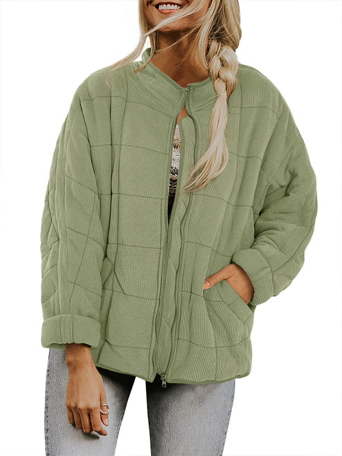 Farktop Womens Dolman Lightweight Quilted Zip Up Long Sleeve Jacket, Small-Green