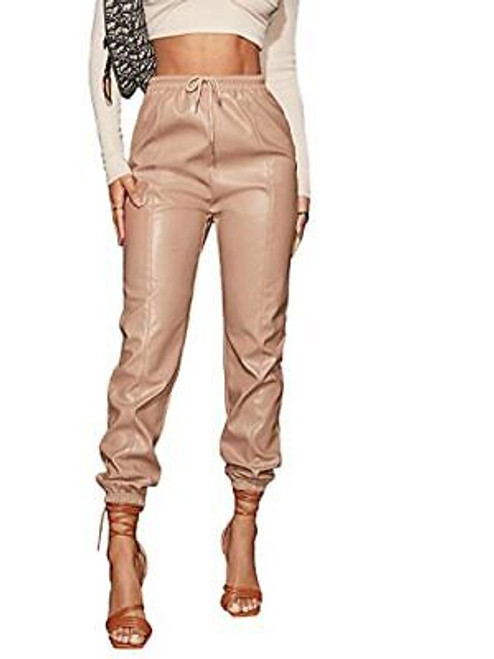 Floerns Womens Drawstring High Waisted Cropped Tapered Pu Leather Pants Apricot M