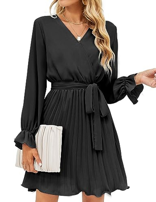 BBX Lephsnt Women’s Summer Casual Wedding Guest Dress Long Puff Sleeve V Neck Pleated Ruffle Flowy Belted Mini Dress Black