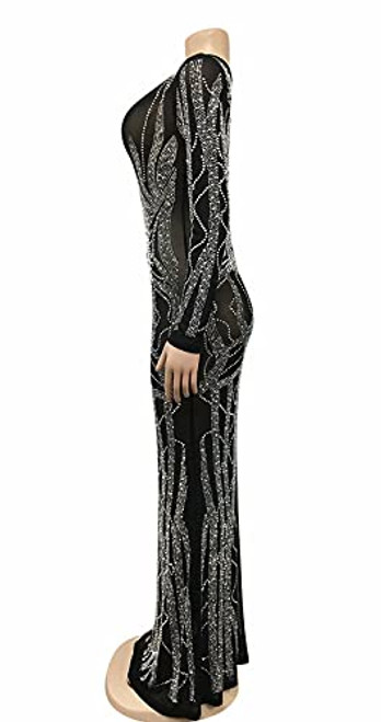 Aro Lora Womens  V Neck Long Sleeve Glitter Rhinestones See Through Sheer Mesh Club Bodycon Maxi Dress X-Large Black