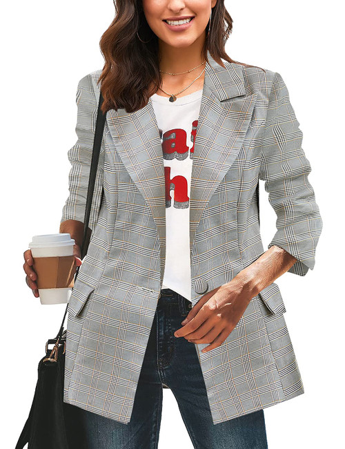 luvamia Womens Casual Long Sleeve Relax Fit Lightweight Blazer Kahaki Plaid-XXL