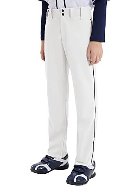 BALEAF Boys Baseball Pants Youth Adjustable Inseam Piping Open Bottom White S