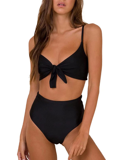 Blooming Jelly Womens High Waisted Bikini Set Tie Knot High Rise (Medium, Black)