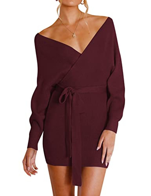 ZESICA Womens Long Batwing Sleeve Wrap V Neck Knitted Backless Bodycon Pullover Sweater Dress with Belt,Wine,Small