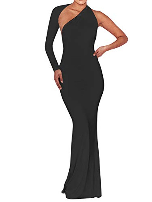 BEAGIMEG Women's  Elegant One Shoulder Backless Evening Long Dress Black