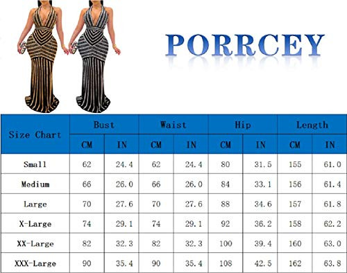PORRCEY Womens  Deep V Neck Backless Rhinestone Dresses  Long Mermaid Evening Dress (3816,Gold,L)