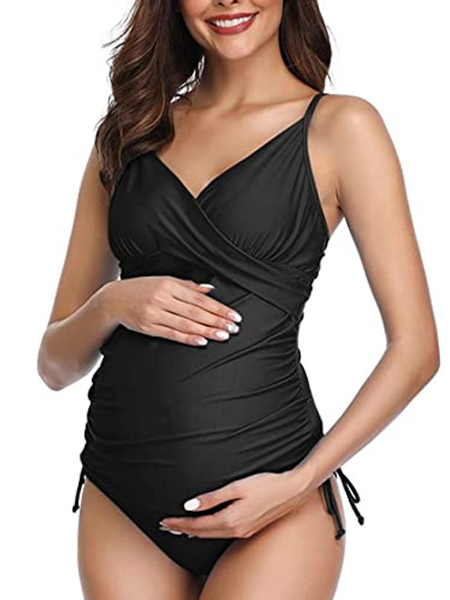 MiYang Solid Womens Maternity Swimsuit Retro Plum Wrap Front Tankini Black X-Large