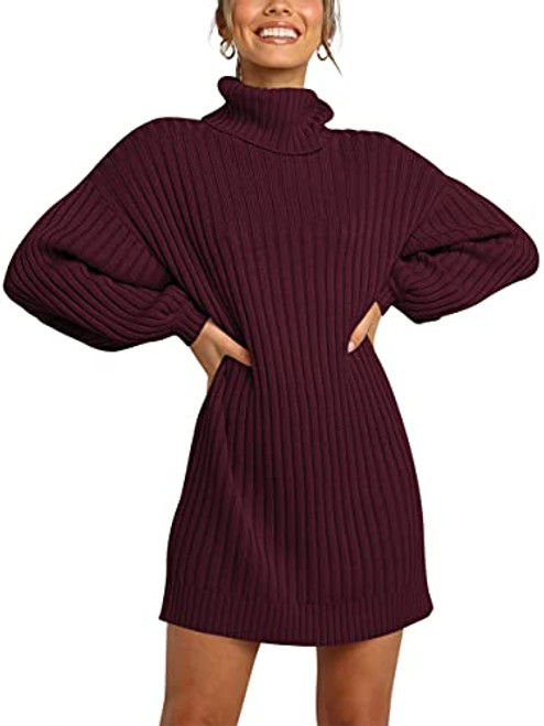 Anrabess ANRABESS Oversized Sweaters for Women Turtleneck Batwing Sleeve Sweater Dress 2023 Fall Winter Casual Baggy Soft Cozy Warm Mini Dress Fashion Vacation Clothes Trendy Outfits 240jiuhong-XS Wine