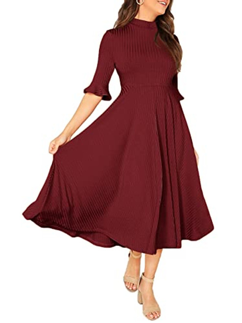 Verdusa Womens Elegant Ribbed Knit Bell Sleeve Fit and Flare Midi Dress Wine Red S