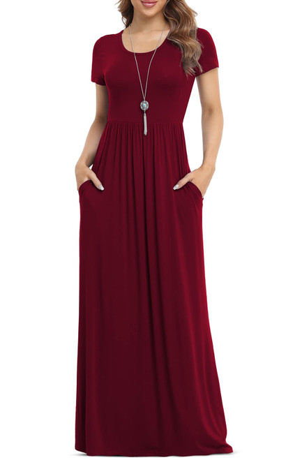 VIISHOW Women Summer Short Sleeve Loose Plain Long Maxi Casual Dress with Pockets (Wine red X-Large)