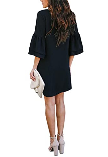 BELONGSCI V-Neck Bell Sleeve Shift Dress Mini Dress (Black, XXL)