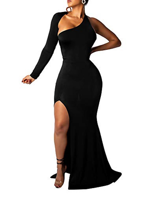 BEAGIMEG Women's Elegant One Shoulder Backless Evening Long Dress Black 2