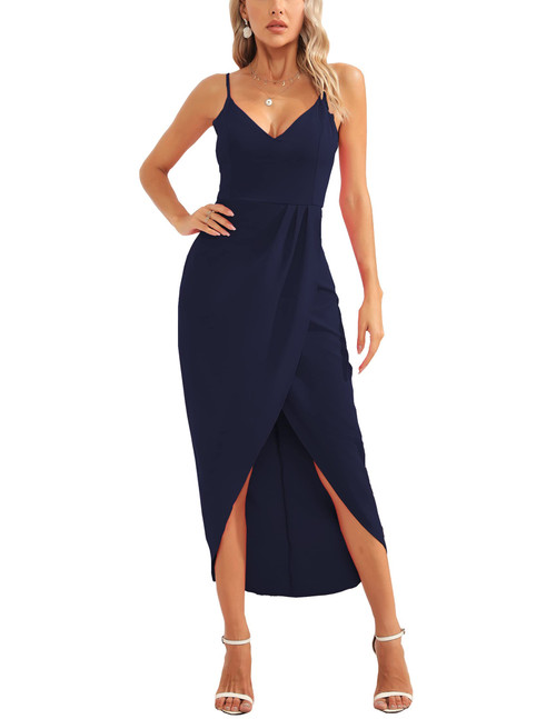 CMZ2005 Women's V Neck Backless Spaghetti Straps Party Dress (Large, Navy Blue)