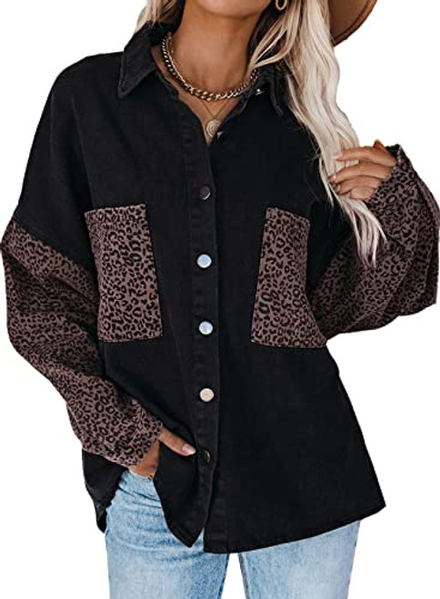 Happy Sailed Womens Leopard Jacket Long Sleeve Button Down Pockets Black-Small