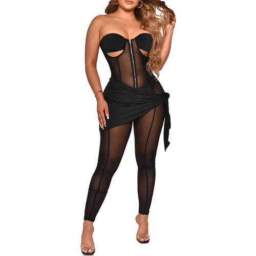 Ophestin Womens  See Through Bodycon Jumpsuits-Off Shoulder Strapless Zip Up Outfits Long Pants Suits with Tie Skirt Black X-Large