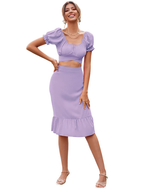 Lyaner LYANER Womens 2 Piece Outfits Floral Self Tie Knot Crop Top and Midi Skirt Set Solid Lavender Medium