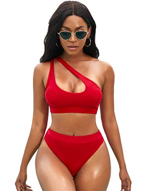 NAFLEAP Womens One Shoulder Sport Bikini Set High Waisted Cutout Swimsuit Crop Top Bathing Suit, Red, L