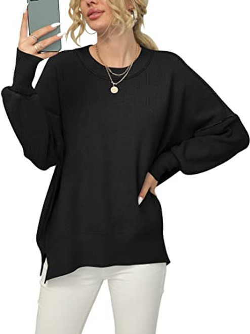 Anrabess ANRABESS Womens Oversized Long Sleeve Knit Sweater 2023 Fall Trendy Crew Neck Casual Loose Solid Color Pullover Jumper Tops Black A305heise-L