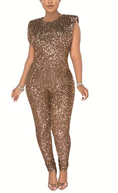 Aro Lora Womens  Glitter Sequin One Piece Pant Club Party Bodycon Jumpsuits Romper X-Large Bronze