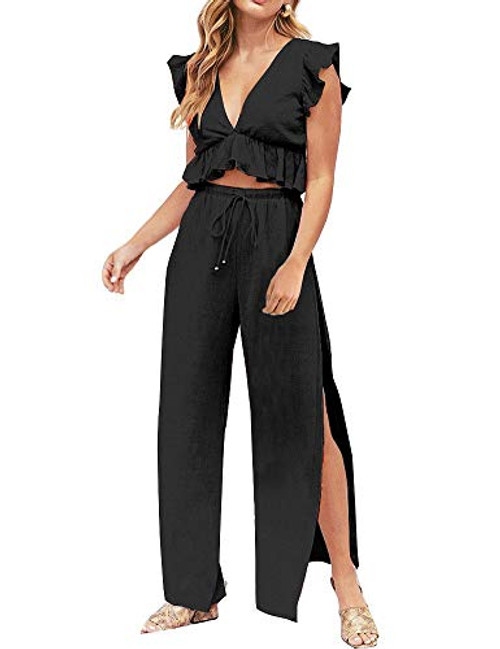 FANCYINN 2 Pieces Black Beach Jumpsuits Outfits for Women Deep V Neck Crop Top Side Slit Drawstring Wide Leg Pants Set Halloween Black Witch L