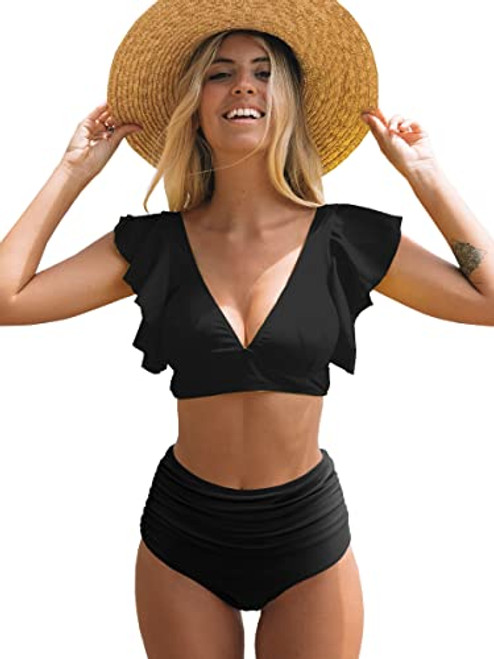 SPORLIKE Women Ruffle High Waist  Two Piece Swimsuit (Black,X-Large)