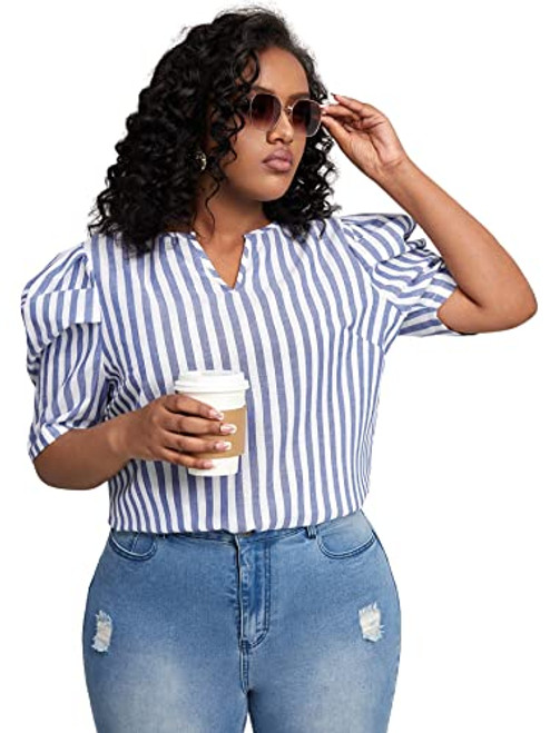 Floerns Womens Plus Size Striped Print Notched Neck Puff Sleeve Blouse Top Blue and White 4XL