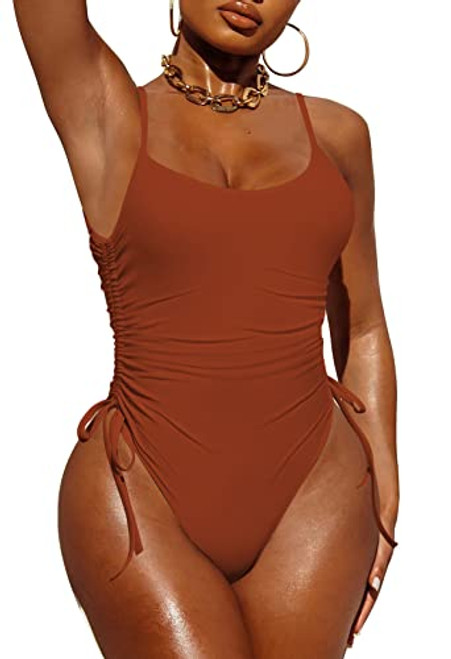 Pink Queen Womens One Piece Bathing Suit High Leg Tummy Control Bikini Swimsuit Monokini Burnt Orange M