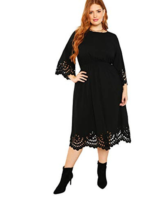 Romwe Womens Plus Laser Cut Out Solid Scallop A-line Party Dress Black 3XL