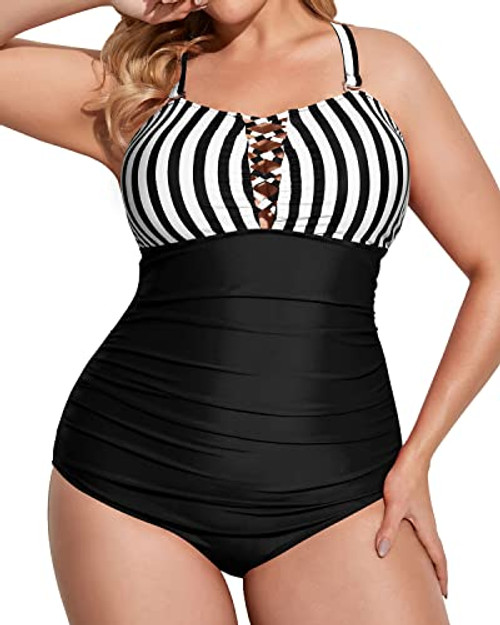 Yonique Women Stripe One Piece Swimsuit Deep V Neck TummyControl LaceUp 14-Black