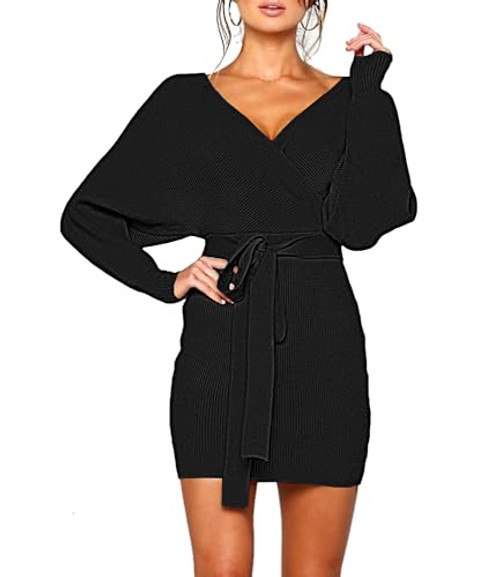 Mansy Women's Batwing Long Sleeve Backless Mock Wrap Sweater Dress (M- Black)