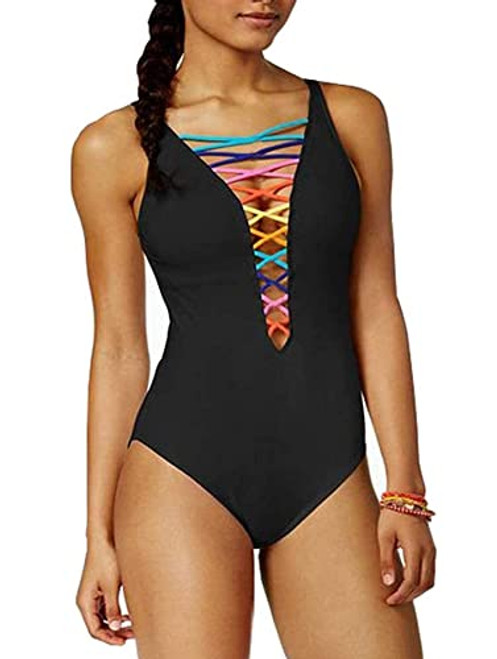 SOFIA'S CHOICE Womens  One Pieces Swimsuit Lace Up Lattice Front Deep V Bathing Suit Black Small