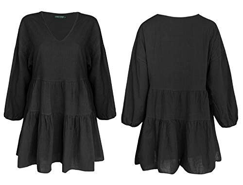 FANCYINN Womens Shift Tunic Dress Long Lantern Sleeves Babydoll V Neck Ruffle Swing Hem Maternity Dress Black L