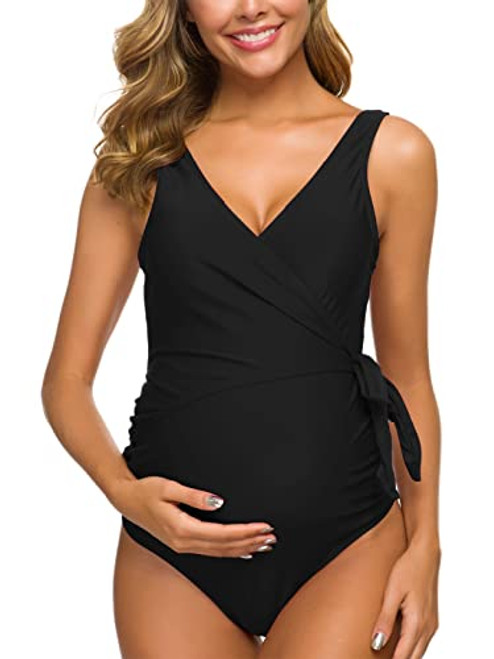 Tempotrek Maternity Swimsuit One Piece Elegant V Neck Pregnancy Swimwear Tie