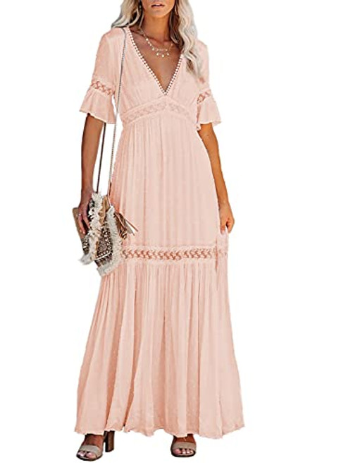 BLENCOT Womens Casual Floral Lace Deep V Neck Short Sleeve Long Evening Dress Party Maxi Wedding Guest Dresses Bohemian Flowy Boho Dress Pink Small