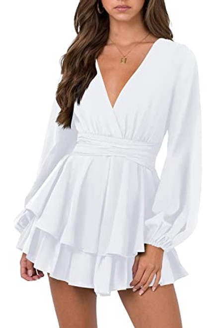 Hocuos Womens Lantern Sleeve Tie Waist Layer Ruffle Hem Short Dress-White-Small