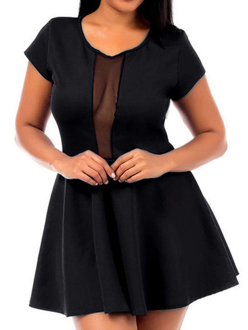 RED DOT BOUTIQUE Plus Size Peek a Boo Mesh Panel Short Club Cocktail Plunge Dress/Top (Black, 1X)