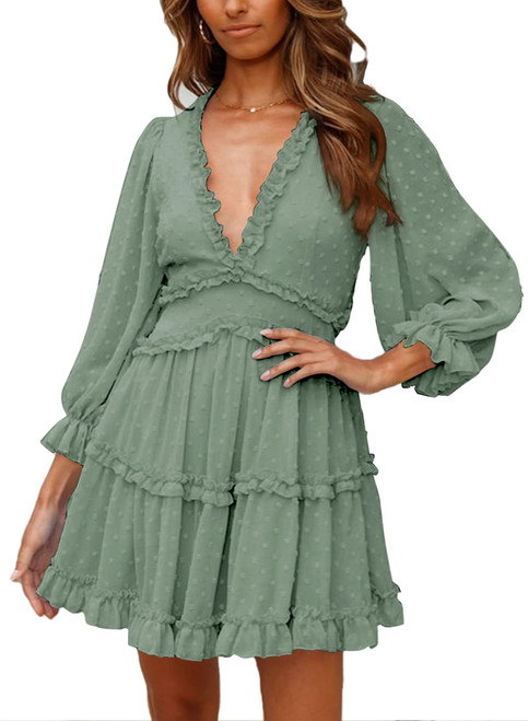 Happy Sailed Women Long Sleeve Ruffle Layer Backless Swing Mini Dress XL Green