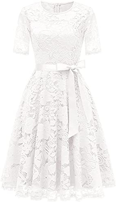 DRESSTELLS Women Lace Semi Formal Dress with Short Sleeves White S