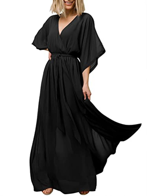 Anrabess ANRABESS Womens Maxi Dresses Kimono Summer Beach Dress Short Sleeve Elastic Waist Split Party Dress 487hei-L Black