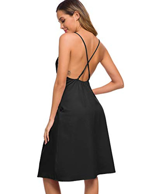 Eliacher Womens Deep V Neck Adjustable Spaghetti Straps Summer Dress Sleeveless  Backless Party Dresses with Pockets (0-2,US) Black