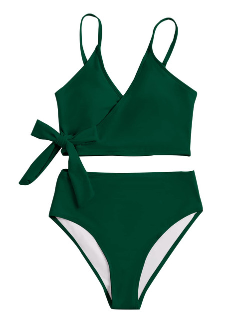 SweatyRocks Womens Two Pieces Swimsuit Solid Color Tie Side Top High Waisted Bikini Set Dark Green S