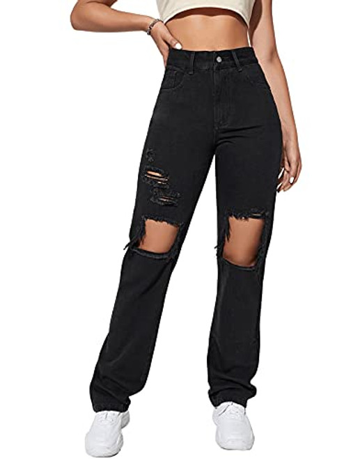 SweatyRocks Womens Casual Loose Ripped Denim Pants Distressed Wide Leg Jeans Black M