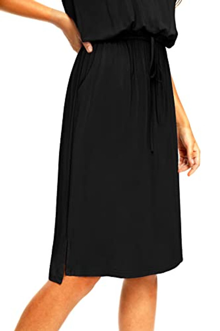 Simier Fariry Women Summer Short Sleeve Modest Funeral Work Casual Midi Knee Dress Black XL