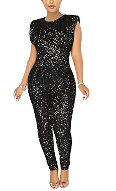 Aro Lora Womens  Glitter Sequin One Piece Pant Club Party Bodycon Jumpsuits Romper Medium Black