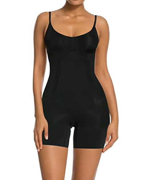 SHAPERX Bodysuit for Women Tummy Control Shapewear Mid-Thigh Seamless Full Body Shaper, SZ6224-Black-S