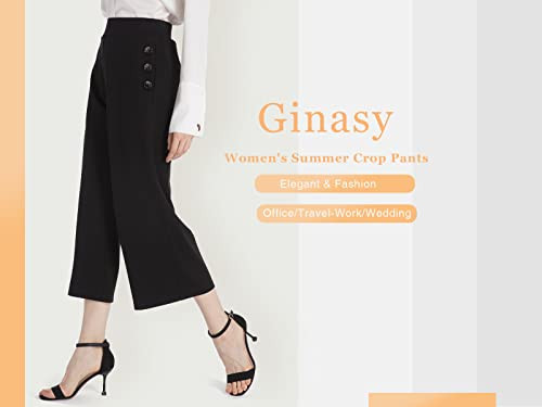 Ginasy Wide Leg Pants for Women Business Casual Dress Pants Stretch High Waist Crop Capris Culottes Black