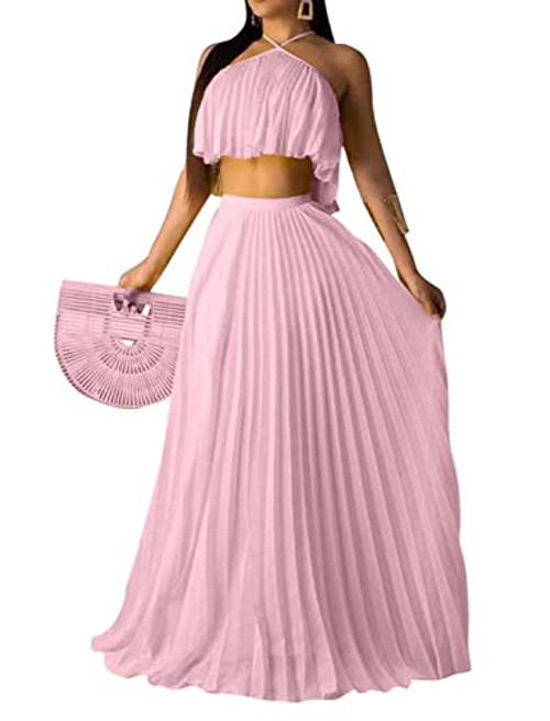 Aro Lora Womens  Chiffon Sleeveless Ruffle Crop Top Pleated Long Skirt 2 Piece Maxi Dress Large Pink